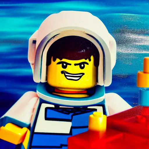 Image similar to lego blocks painting of astronaut in the ocean by fujita, goro, skies, realistic, colorful, positive vibes, cinematic, 3 d, hd