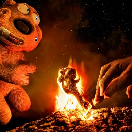 Image similar to UHD candid photo of Cosmic Cornholio torching Smokey The Bear on fire, UHD, photorealistic, correct face, photo by Annie Leibowitz