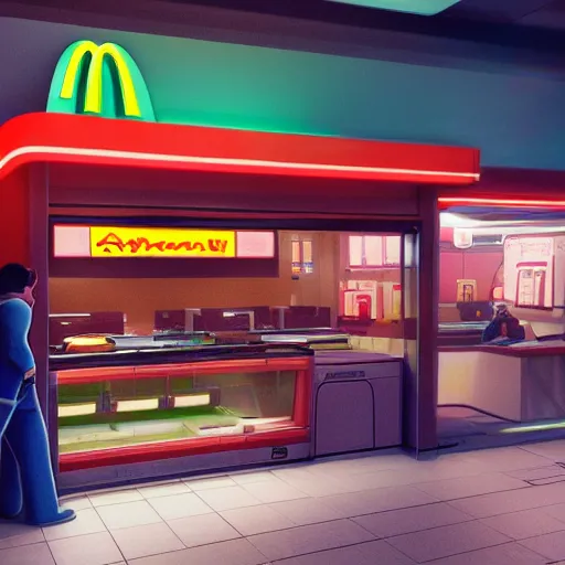 Image similar to cyberpunk mcdonalds in the distant future