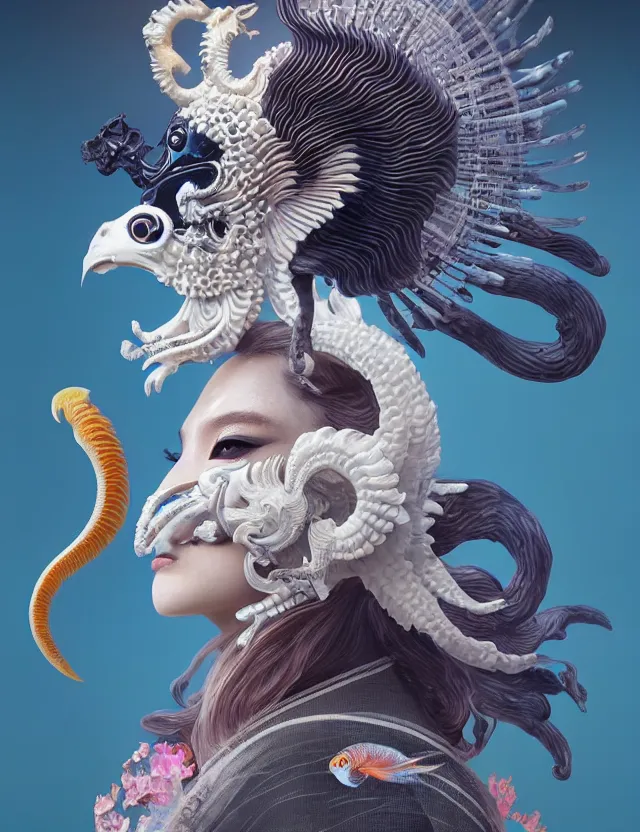 Image similar to 3 d goddess half - turn portrait with ram skull. beautiful intricately detailed japanese crow kitsune mask and clasical japanese kimono. betta fish, jellyfish phoenix, bio luminescent, plasma, ice, water, wind, creature, artwork by tooth wu and wlop and beeple and greg rutkowski