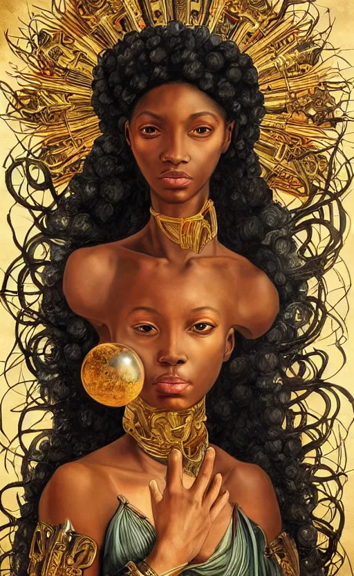 Image similar to beautiful mural painting of a young african cyborg princess muse, dazzling glowing eyes, elegant, striking composition, highly detailed ornate sci fi background, highly detailed, beautiful composition, painting in the style of sandro botticelli, caravaggio, albrecth durer