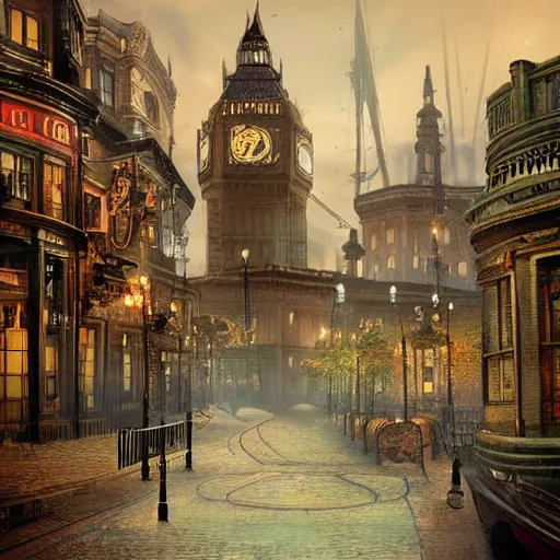 Prompt: steampunk city that looks like London 19th century, dawn, beautiful landscape