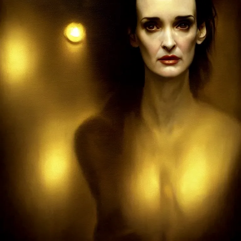 Image similar to epic professional digital art of startling winona ryder - raw, faint golden moody atmospheric lighting, painted, intricate, detailed, detailed, foreboding, by leesha hannigan, wayne haag, reyna rochin, ignacio fernandez rios, mark ryden, iris van herpen, epic, stunning, gorgeous, much wow, cinematic, masterpiece.