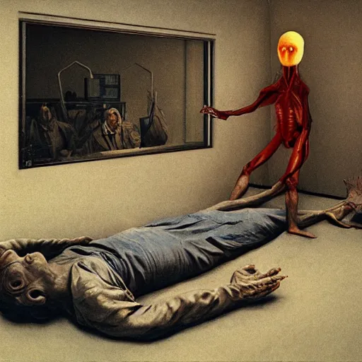 Image similar to an alien conducting experiments on a politician lying on a hospital bed, beksinski, dariusz zawadzki, very coherent symmetrical artwork, cinematic, hyper realism, high detail, octane render, 8 k