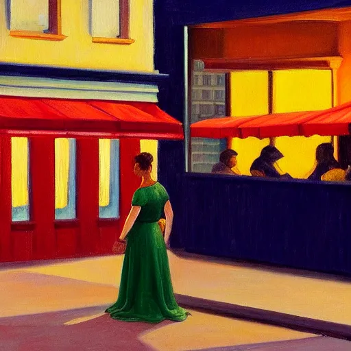 Image similar to a painting of a woman in front of a restaurant at night, in the style of Edward Hopper and Sandro Botticelli, 4k,