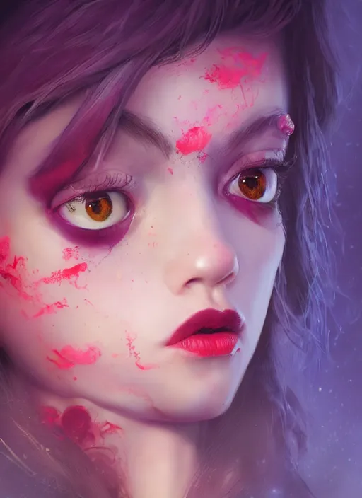 Image similar to profile of sinister girl with pouty aerochrome lips, fungal, adorable, cute bandaid on nose!!, expressive eyes, playful pose of a demon, greg rutkowski, charlie bowater, yuumei, stephen gammell, unreal 5, daz, hyperrealistic, octane render, rpg portrait, dynamic lighting, fantasy art, beautiful face