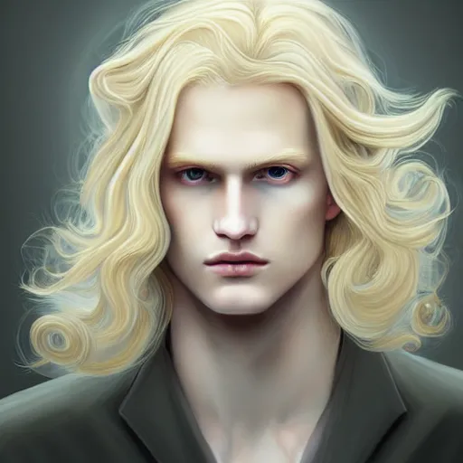 Image similar to Johan Liebert the pale blond androgynous god of the sun, highly detailed, very very very long curly golden blond hair, baroque curls, curtain bangs, central parted fringe, extremely luscious curly blond hair, very very very pale white skin, digital painting, artstation, concept art, soft light, sharp focus, illustration