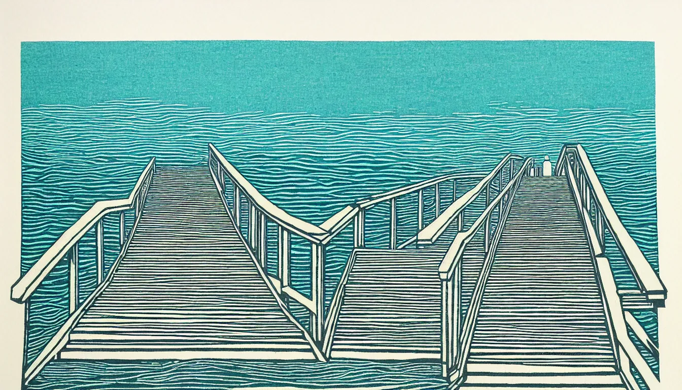 Image similar to stairs down to the ocean by woodblock print