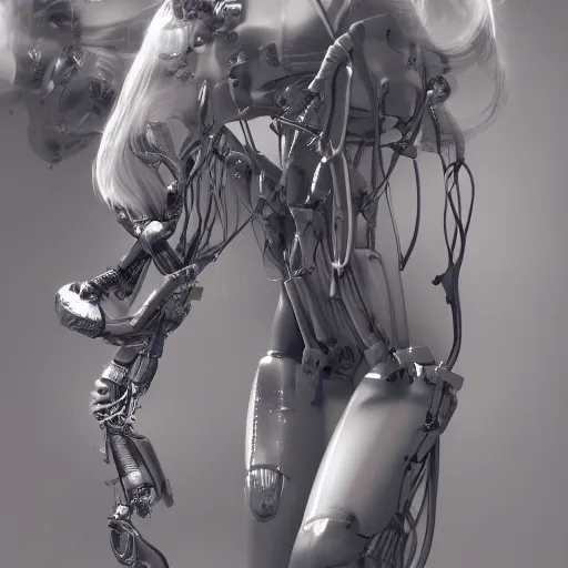 Image similar to photographic stil of beautiful model, a human robot woman, beautiful artificial body with artificial bones and artificial flesh, cables, tubes, westworld style, medium - shot, insanely detailed, photorealistic, beautiful soft light, octane render, by annie leibowtiz
