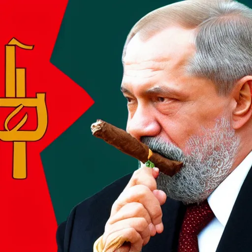 Image similar to lula da silva smoking a cigar with putin, soviet paraphernalia, 4k