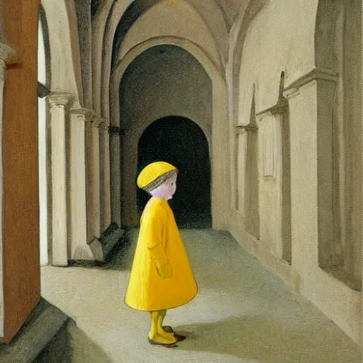 Image similar to in the distance, a little girl with short black hair and wearing a yellow coat alone in the inner courtyard of a cloister in an abbey, the light is bright and wintry, painting by hopper and de chirico