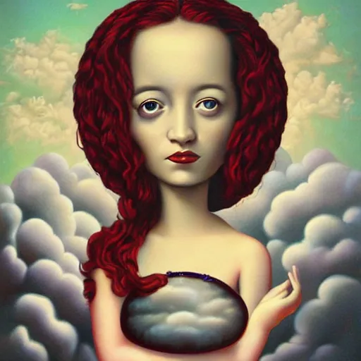 Image similar to a painting of a woman surrounded by clouds, a surrealist painting by mark ryden, featured on deviantart, pop surrealism, cosmic horror, lovecraftian, poster art