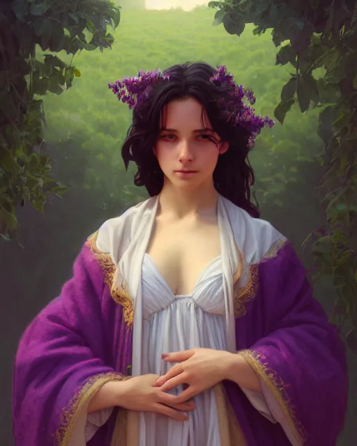 Prompt: portrait, cute young virgin maria, purple greek robe, long curly black hair, meadow, very detailed, ornate, fig leaves, character illustration, soft lighting, octane render, greg rutkowski, alphonse mucha, sung choi, 8 k, vibrant