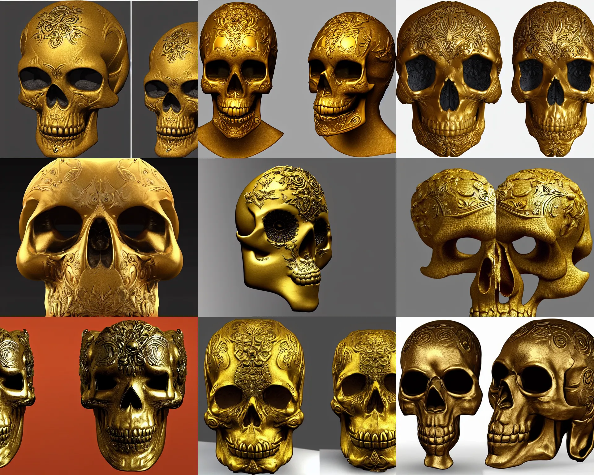 Prompt: 3d sculpt of a three quarter view of a golden skull mask with intricate floral engraving, in a hyper realistic art style