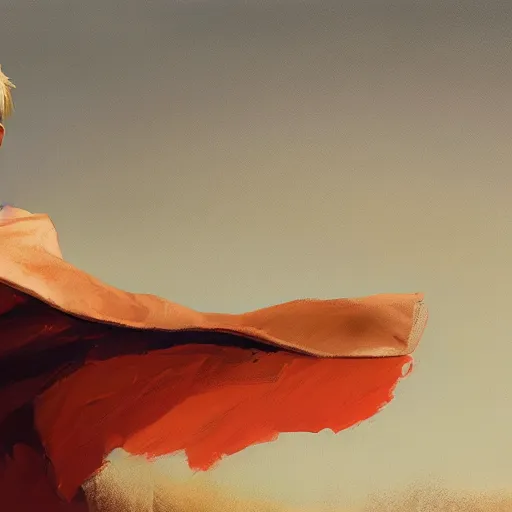 Image similar to blonde boy with golden eyes wearing a brown cape and flying in t pose, energy background, brush strokes, greg rutkowski, oil painting