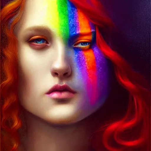 Image similar to a beautiful rainbow queen being watched by a being of darkness, diffuse lighting, fantasy, intricate , elegant, highly detailed, lifelike, photorealistic, digital painting, artstation, illustration, concept art, smooth, sharp focus, art by John Collier and Albert Aublet and Leonardo da vinci and Krenz Cushart and Artem Demura and Alphonse Mucha-H 704