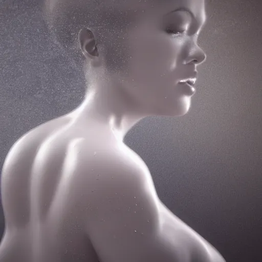 Image similar to 3 d fluid simulation render, octane render, xparticles, white colors, female bodies, female body covered in white blanket, white carved abstract sculpture, amethyst mineral quartz, swirly curls, abstract white fluid, golden edges and fractals