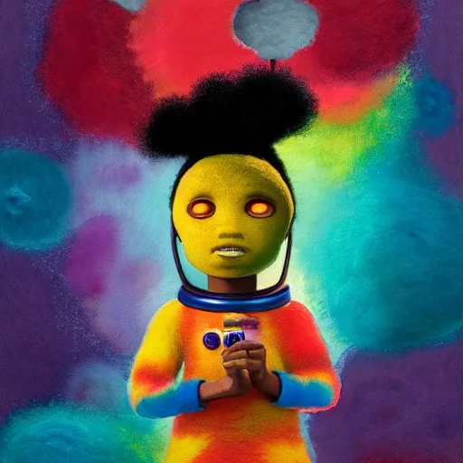 Prompt: a black girl with a colorful afro and rainbow eyes dressed like an astronaut, bright colours, watercolor, volumetric wool felting, macro photography, children illustration, by goro fujita