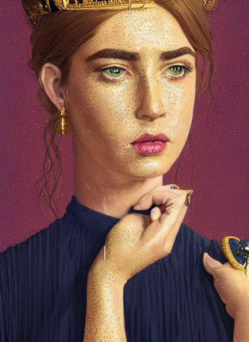 Prompt: portrait of a queen with green eyes and freckles, dressed in a navy blue gown with gold embroidered details, dark brown hair, detailed face, fantasy, cinematic lighting, digital art painting, fine details by realistic shaded lighting poster by ilya kuvshinov katsuhiro otomo, magali villeneuve, artgerm, jeremy lipkin and michael garmash and rob rey