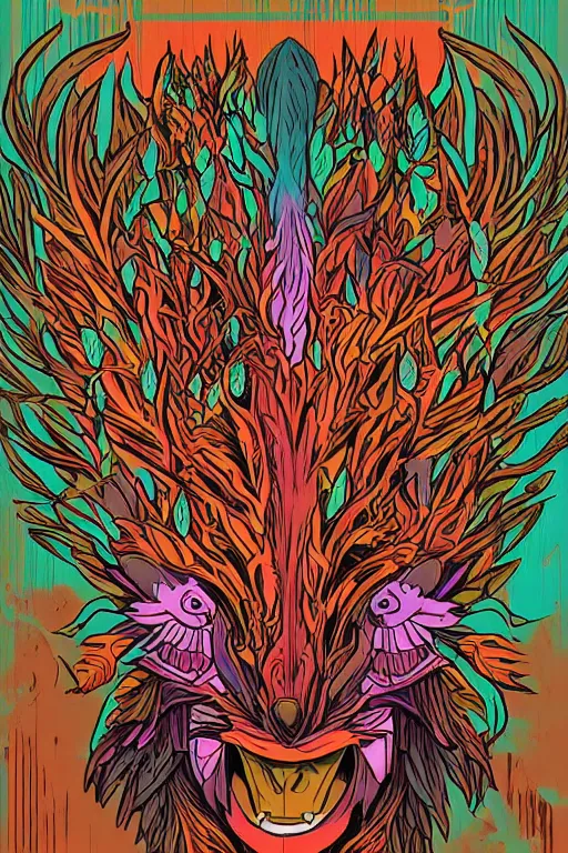 Image similar to animal mask totem roots flower tribal feather gemstone plant wood rock shaman vodoo video game vector cutout illustration vivid multicolor borderlands comics by josan gonzales and dan mumford radiating a glowing aura