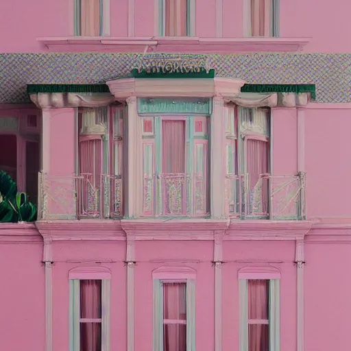 Prompt: a ultra high definition pastel coloured photographic print from a holiday photo album. the photo is a medium frame, 5 0 mm depicting the interior of an expensive alien hotel balcony, furniture and view. the interior was designed by wes anderson ’ s arch nemesis. iridescent transparent glass, pastel pink concrete, foam. 8 k. architectural. interior. no artefacts. highly detailed.