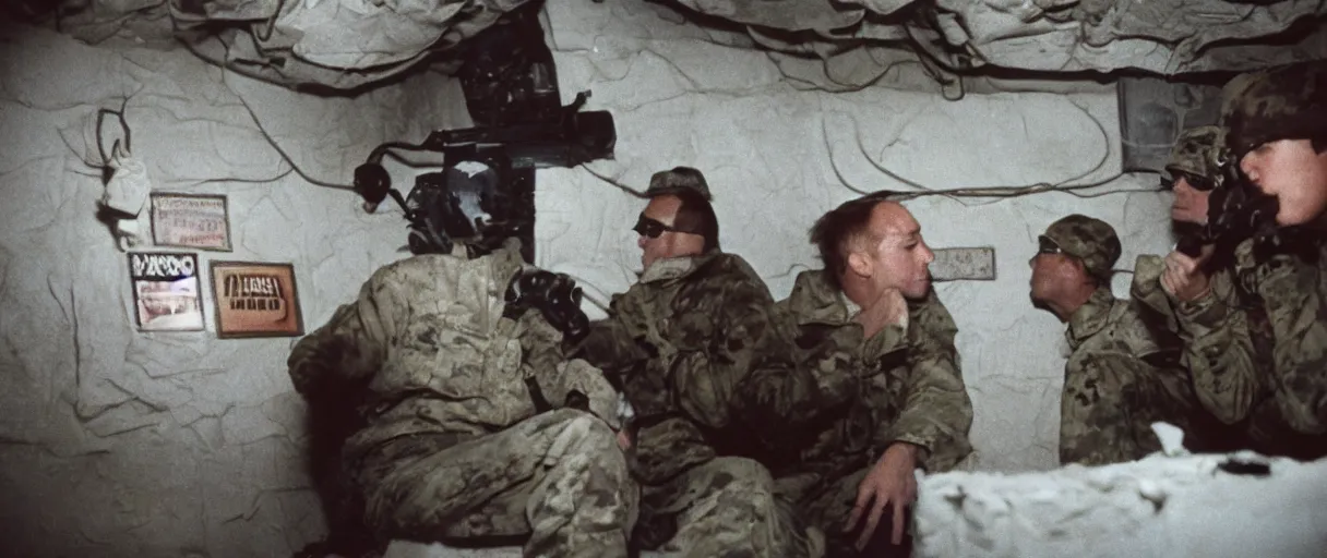 Prompt: a high quality color creepy atmospheric dimly lit extreme closeup film 3 5 mm depth of field photograph of 2 us soldiers bored having casual conversation inside a top secret military bunker in antarctica in 1 9 8 2