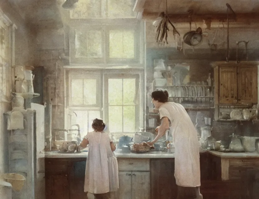 Prompt: grandmother cooking in a kitchen in country house, back view, cottage core, cinematic focus, polaroid photo bleached vintage pastel colors high - key lighting, soft lights, foggy, by steve hanks, by lisa yuskavage, by serov valentin, by tarkovsky, 8 k render, detailed, oil on canvas