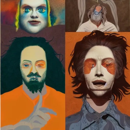 Image similar to a beautiful collage of a self - portrait of the artist. he is shown with his head turned to the left, looking at the viewer. his hair is wild and his eyes are wide open. his right hand is raised, as if he is pointing at something. steelpunk, pale orange by bo bartlett, by takashi murakami lush, swirling