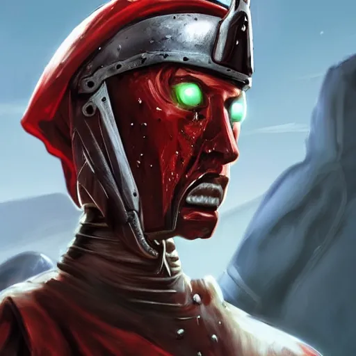 Image similar to a muscular soldier with vertical nose slits, angular eyebrows, wearing blood - spattered glossy sleek white dinged scuffed armor and a long torn red cape, heroic posture, battle - weary, strained expression, determined expression, no helmet, on the surface of mars, dramatic lighting, cinematic, sci - fi, hyperrealistic, detailed