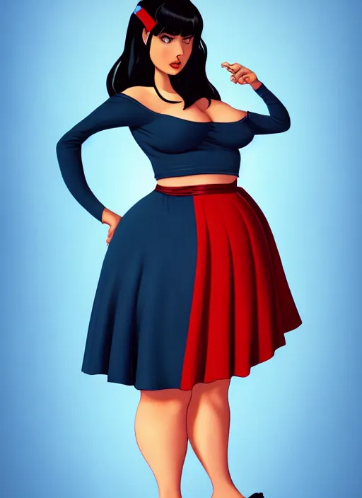 Image similar to full body portrait of teenage veronica lodge, obese, bangs, sultry, realistic, sultry smirk, wavy hair, red skirt, fat, belly, intricate, elegant, glowing lights, highly detailed, digital painting, artstation, concept art, smooth, sharp focus, illustration, art by wlop, mars ravelo and greg rutkowski