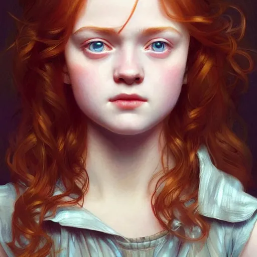 Image similar to beautiful natural Sadie Sink, intricate, early 20s, elegant, highly detailed, digital painting, artstation, concept art, sharp focus, illustration, art by artgerm and greg rutkowski and alphonse mucha and loish and WLOP