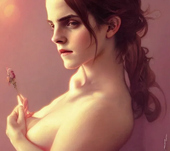 Image similar to photography of sensual emma watson, deep focus, intricate, elegant, highly detailed, digital painting, artstation, concept art, matte, sharp focus, illustration, art by artgerm and greg rutkowski and alphonse mucha and gil elvgren