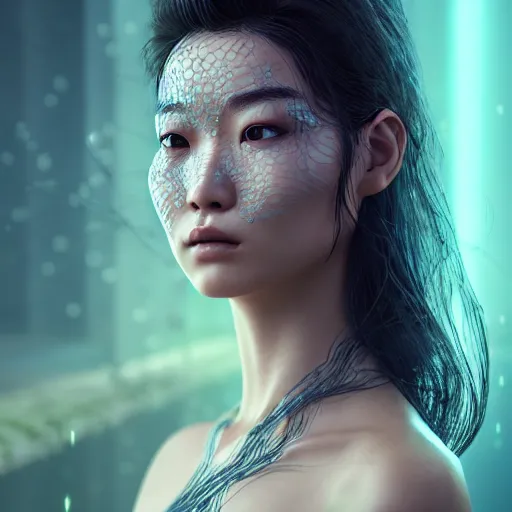 Prompt: intricate highly detailed face portrait of asian - european woman, light aqua water vines on her face, intricate, cgsociety, unreal engine, octane render, sharp focus, smooth, volumetric lighting, cinematic composition, artstation