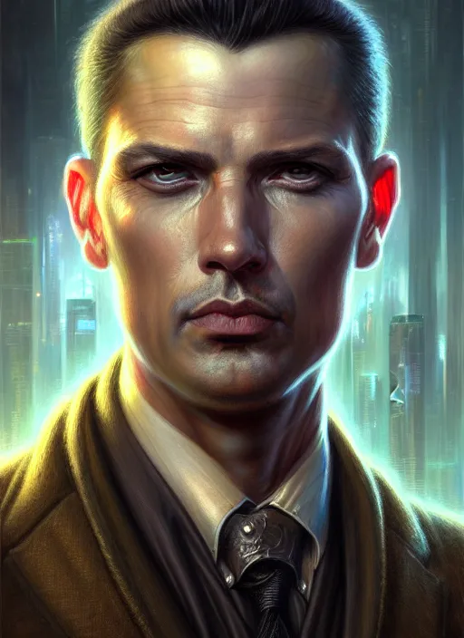 Image similar to closeup portrait shot of a male detective in a scenic cyberpunk environment, intricate, elegant, highly detailed, centered, digital painting, artstation, concept art, smooth, sharp focus, illustration, artgerm, tomasz alen kopera, peter mohrbacher, donato giancola, joseph christian leyendecker, wlop, boris vallejo