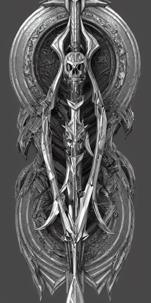 Image similar to a black and silver sword skull crest, ornament, weapon, a 3 d render by dom qwek, front side, concept art, trending on polycount, artstation, hard surface modeling, rendered in maya, zbrush, hd, vray, blizzard concept, symmetry