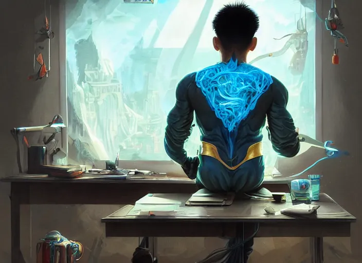 Image similar to an insanely detailed painting of an asian man wearing a homemade superhero costume, sitting at a desk, staring seriously at the computer and typing, in the style of peter mohrbacher, james jean, artgerm, dramatic lighting and composition, surreal background, octane render, pixar, trending on artstation, concept art, comic book, view from behind, 8 k