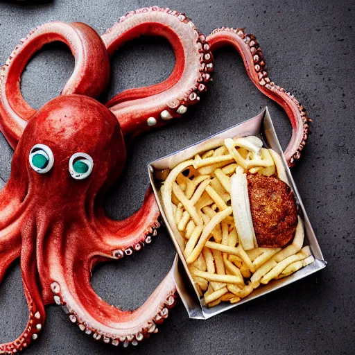 Image similar to octopus made of steel eating fastfood, 5 5 mm