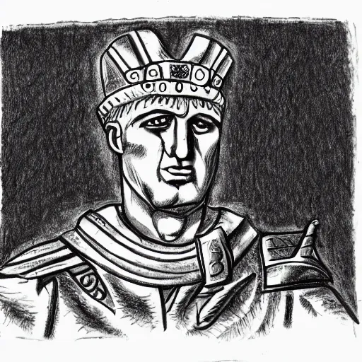 Prompt: cartoon ink drawing of Caesar the Roman emperor