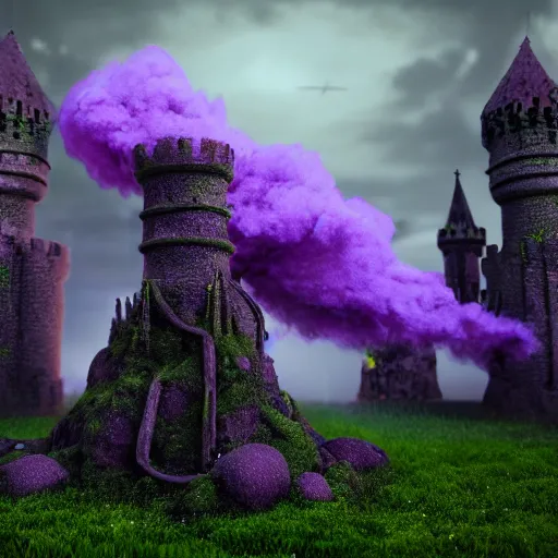 Prompt: dark castle, purple fumes, moss covered towers, eyes in the sky, octane render.