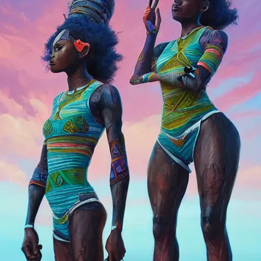 Image similar to beautiful Zulu goddesses holding hands, focused, worried, highly detailed, artstation, concept art, sharp, illustration, art by artgerm and Simon Stålenhag