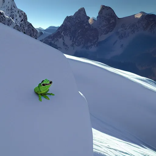 Image similar to 3 d octane frog character skiing down a mountain