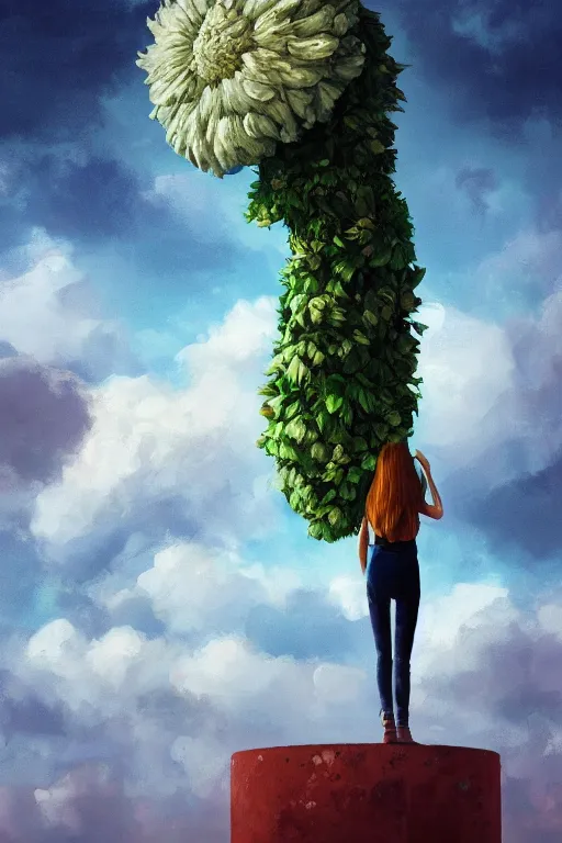 Image similar to portrait, giant flower head, a girl standing on pillar, surreal photography, wind and cold, dramatic sky, impressionist painting, digital painting, artstation, simon stalenhag