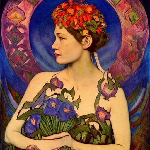 Image similar to the night crown and lantern, by Annie Swynnerton and Nicholas Roerich and Diego Rivera, flowing robes, floral tattoos, elaborate costume, geometric ornament, symbolist, soft colors, dramatic lighting, smooth, sharp focus, extremely detailed