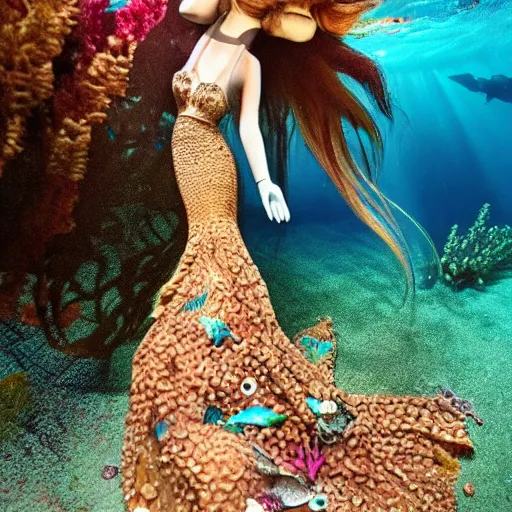 Image similar to mermaid , underwater , a stunning beautiful giorgia-era dress with brown long hair , abundant detail, octopuses and flowers