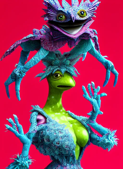 Image similar to hyper detailed 3d render like a Oil painting - kawaii portrait of two Aurora (a beautiful skeksis muppet fae princess protective playful expressive from dark crystal that looks like Anya Taylor-Joy) seen red carpet photoshoot in UVIVF posing in scaly dress to Eat of the Strangling network of yellowcake aerochrome and milky Fruit and His delicate Hands hold of gossamer polyp blossoms bring iridescent fungal flowers whose spores black the foolish stars by Jacek Yerka, Ilya Kuvshinov, Mariusz Lewandowski, Houdini algorithmic generative render, golen ratio, Abstract brush strokes, Masterpiece, Edward Hopper and James Gilleard, Zdzislaw Beksinski, Mark Ryden, Wolfgang Lettl, hints of Yayoi Kasuma and Dr. Seuss, octane render, 8k