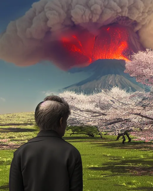 Image similar to A warrior standing near a cherry blossom tree, he is looking at a volcanic mountain that is erupting, 3d render, digital art