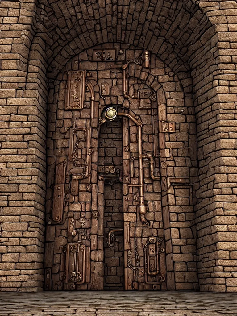 Image similar to HD digital art detailed steampunk castle door with brick pathway by James Gurney, cgsociety, artstation