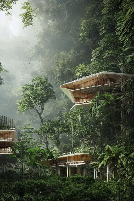 Image similar to architecture inspired by renzo piano deep in the rainforest. nature is taking over. matte painting. octane render. hdr. volumetric lighting. global illumination. atmospheric.