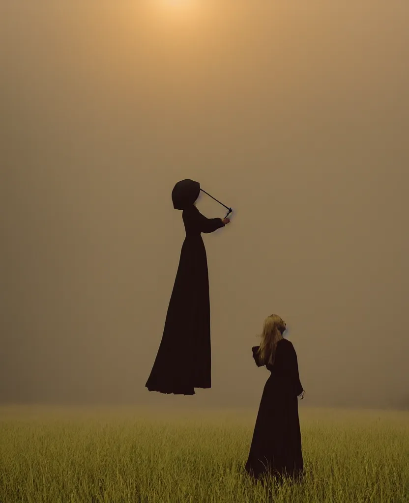 Prompt: “ a woman wearing a black gown holding an umbrella while standing in a tall grass field during a misty sunset surrounded by forest, a glowing monolith appears in the sky, photograph ”