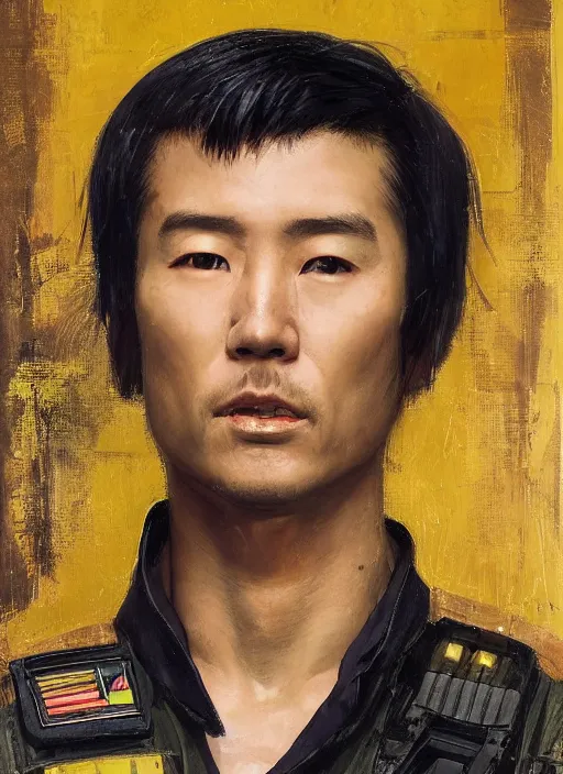 Prompt: hiro tanaka. Handsome cyberpunk USN marine wearing a military vest and a black and yellow tactical jumpsuit (cyberpunk 2077, bladerunner 2049). Handsome face. Iranian orientalist portrait by john william waterhouse and Edwin Longsden Long and Theodore Ralli and Nasreddine Dinet, oil on canvas. Cinematic, hyper realism, realistic proportions, dramatic lighting, high detail 4k